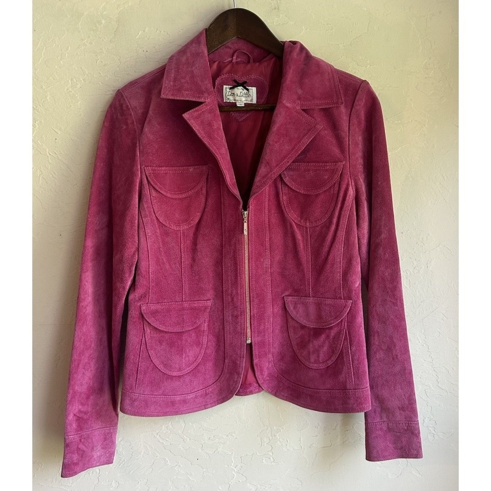 Vintage 90s Y2K Pink Genuine Suede Leather Jacket M Zip Soft Girl Festival Retro